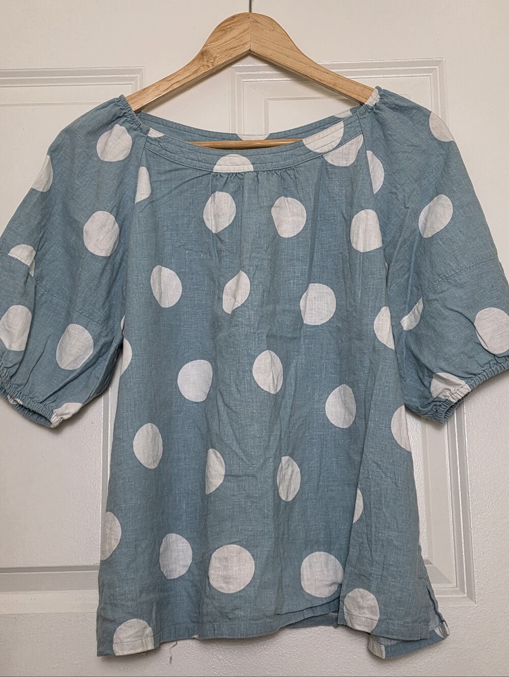 LOFT Blue Polka Dot Puff Sleeve Blouse